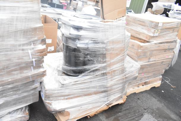 12 new scratch and dent items, including a trash can lid, ingredient bin, and pan rack, wrapped on pallets.