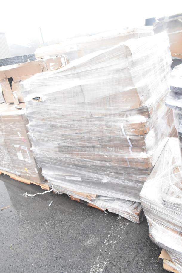 Stack of 18 brand new scratch and dent items, wrapped on a pallet; includes a table base column.
