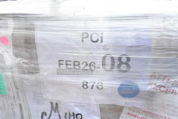 Pallet wrapped in plastic with visible label showing "PCI FEB26-08 876." Part of an 18-item scratch and dent auction.