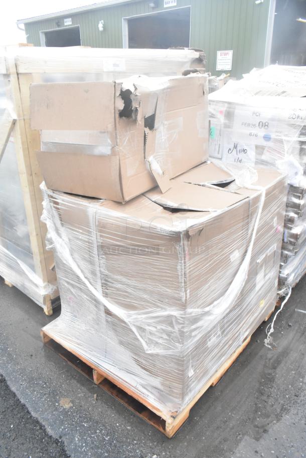 Five brand new scratch and dent boxes, including Lancaster Table & Seating 164CCROSSFRN chair frames, stacked on pallet.