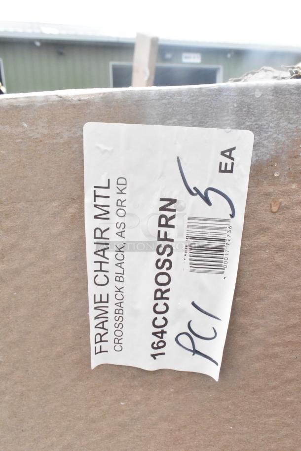 Box with label for Lancaster Table & Seating 164CCROSSFRN Black Cross Back Chair Frame. Condition: Scratch and dent. Quantity: 5.
