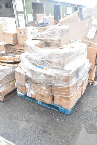 Pallet of 40 boxed items including plates, glassware, and ramekins, shrink-wrapped, some marked with "scratch and dent."