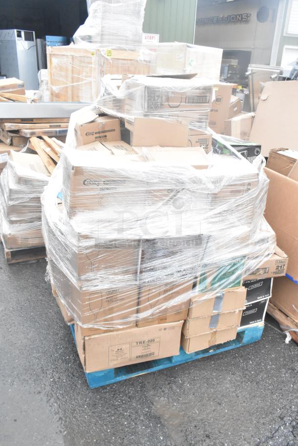 Pallet of mixed items including plates, glassware, ramekins in boxes, wrapped in plastic. Some boxes show minor damage.