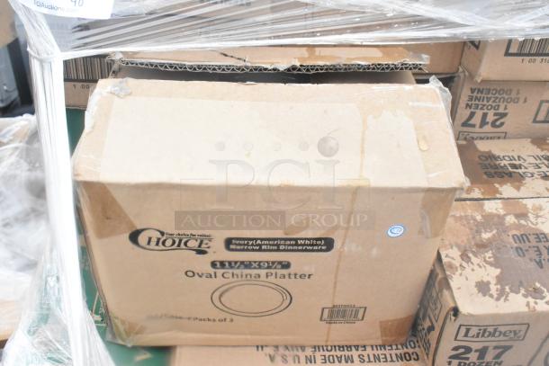Cardboard box labeled "Choice 11 1/4 X 9 1/8 Oval China Platter," Ivory Narrow Rim Dinnerware. Box is part of scratch and dent auction lot.