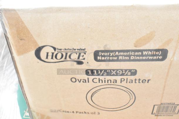 Cardboard box labeled "Choice Ivory Narrow Rim Dinnerware" containing 11.5"x9.125" Oval China Platters, made in China.