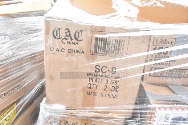40 new scratch and dent items, including CAC China plates. Box reads "Seville-American White, Plate 9 5/8", Qty: 2 Dozen, Made in China."