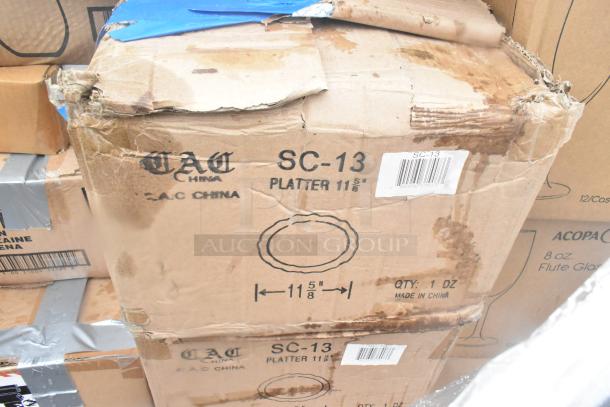 Cardboard box marked "CAC China SC-13 Platter 11 5/8", containing 12 pieces. Box shows signs of wear and water damage.