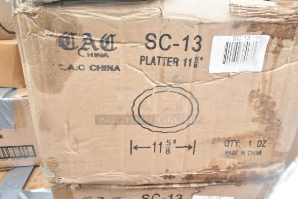 Cardboard box labeled "CAC China," "SC-13 Platter 11 5/8 in," "Made in China," showing signs of wear.