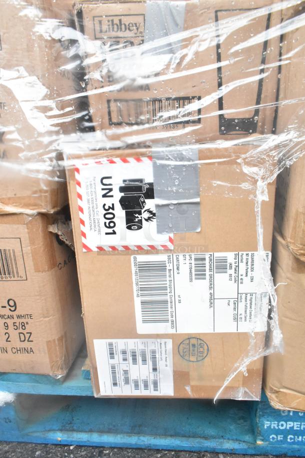 Boxes containing 40 brand new scratch and dent items, including Libbey glassware, plates, and ramekins, wrapped in plastic.