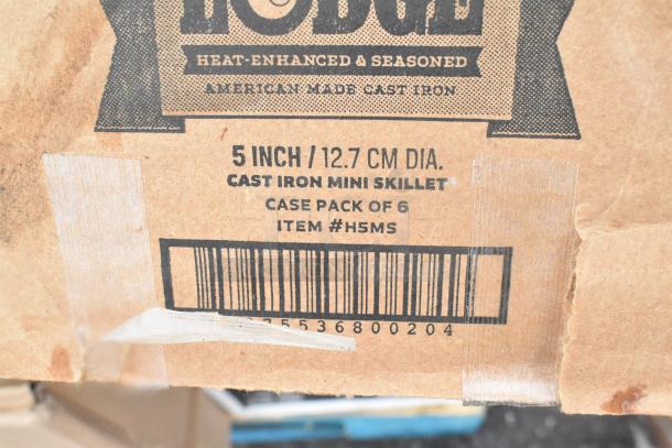 Cardboard box label for Lodge 5-inch cast iron mini skillet, item #H5MS, case pack of 6.