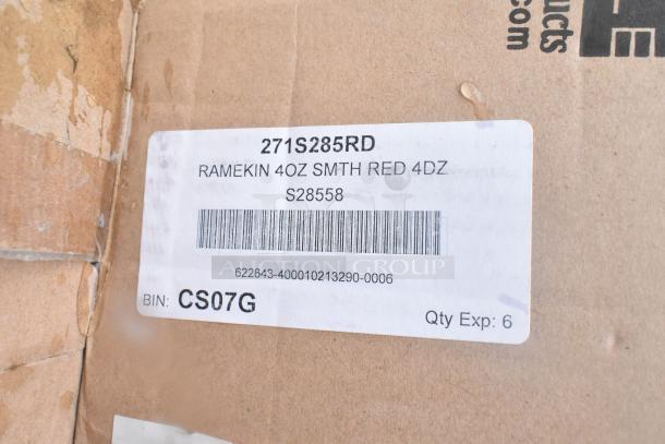 Cardboard box with barcode label for red 4oz ramekins, 4 dozen; marked 271S285RD, S28558, BIN: CS07G. Box condition worn.