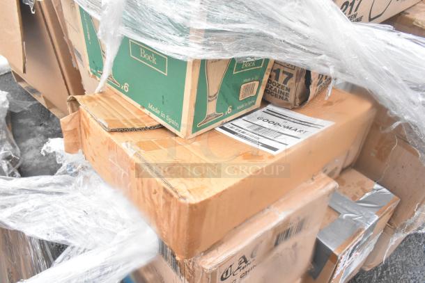 Boxes of 40 brand new scratch and dent items, including Bock glasses, plates, ramekins; packaging shows minor wear.