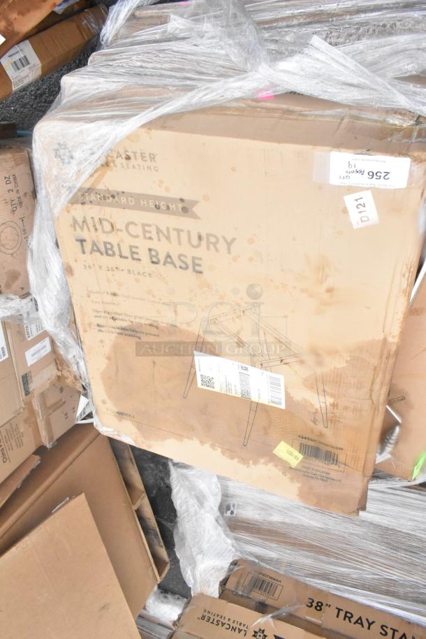 Brown cardboard box labeled "Mid-Century Table Base, 36x36, Black" by Lancaster Seating. Wrapped in clear plastic.