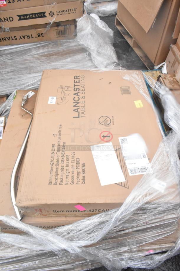 Lancaster outdoor table box, new, with dimensions 635x845x125mm. Labels show item as brown, item number 427CAU232RB.