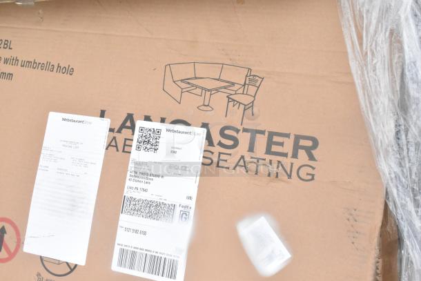 Lancaster seating box with WebstaurantStore labels; part of 19 new scratch and dent items, including wall corner guards and tables.