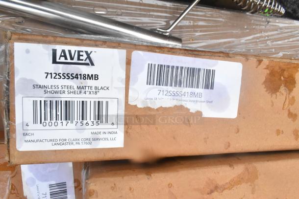 Lavex stainless steel matte black shower shelf, model 712SSS418MB, 4"x18", new condition, scratch and dent sale.