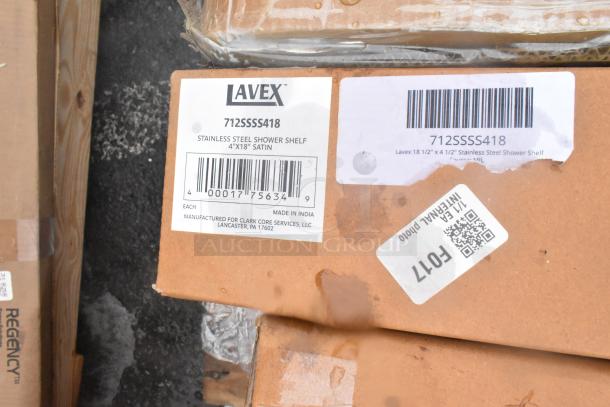 Lavex 4"x18" stainless steel shower shelf, new, in original packaging. Tags show model 712SSSS418, made in India.
