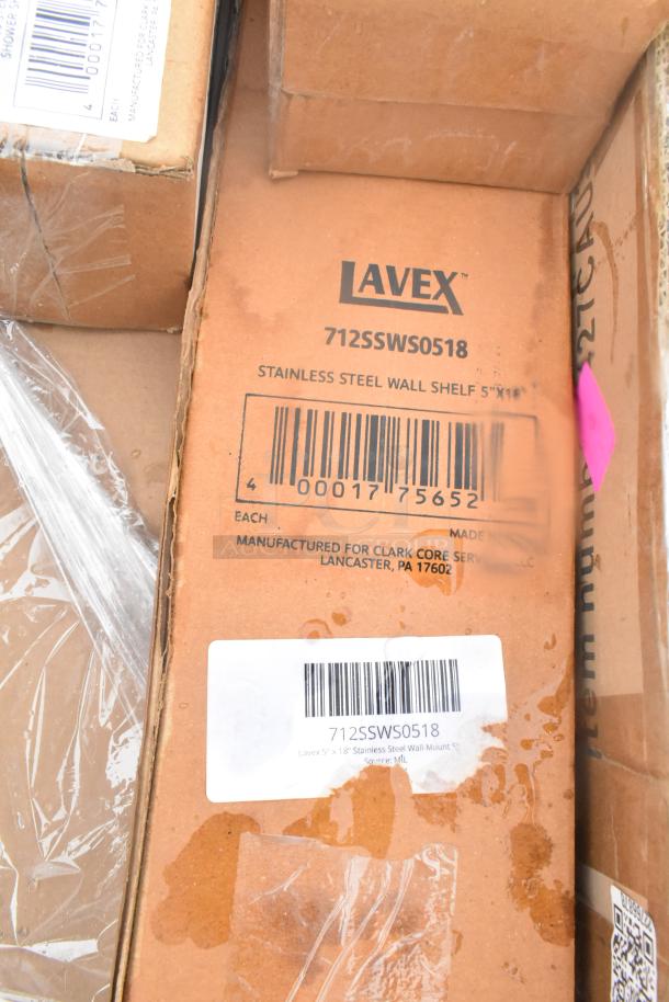 Boxes containing Lavex stainless steel wall shelf, model 712SSWS0518, made in Lancaster, PA. Items new, marked as scratch and dent.