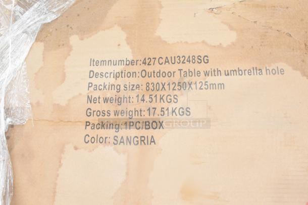 Box label showing item number 427CAU3248SG, an outdoor table with umbrella hole, packing size 830x1250x125mm, color Sangria.