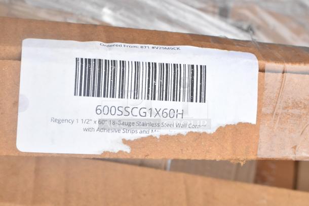 Cardboard box with Regency 1.5"x60" 18-gauge stainless steel wall corner guard label. Includes adhesive strips. New condition.