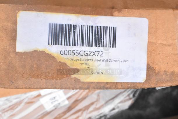 Label showing barcode and model 600SSCG2X72 for an 18-gauge stainless steel wall corner guard.