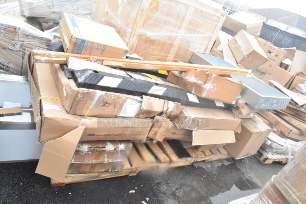 24 brand new scratch and dent items including wall corner guard, work table, tray stand in boxes on pallets. Items may have visible damage.