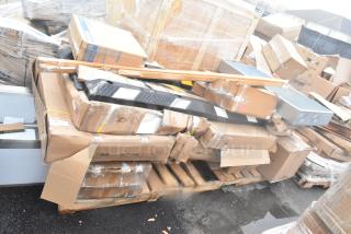 24 brand new scratch and dent items including wall corner guard, work table, tray stand in boxes on pallets. Items may have visible damage.