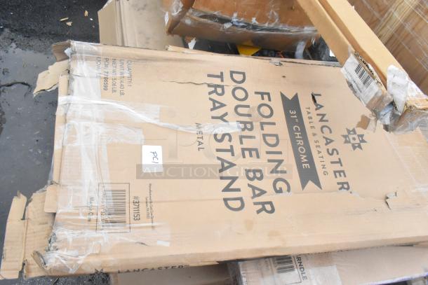 Lancaster table seating folding double bar tray stand box, slightly damaged. Chrome finish, model #3711153.