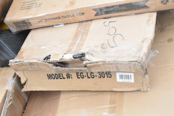 Damaged boxes labeled "24'' Round Table Top" and "Model #: EG-LG-3015." Items appear new but with external wear.