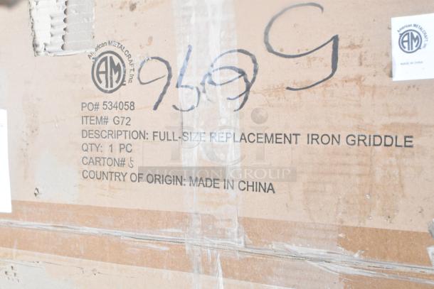 Cardboard box labeled "American Metalcraft, Inc., Item# G72, Full-Size Replacement Iron Griddle, Made in China."
