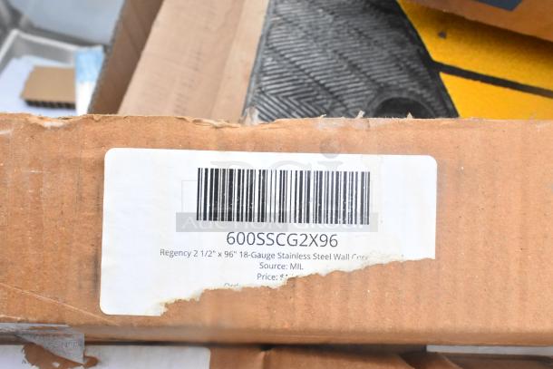 Regency 2.5" x 96" 18-gauge stainless steel wall corner guard with barcode and label on cardboard packaging.