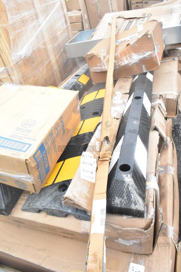 Assorted scratch and dent items, including wall corner guard, work table, tray stand. Some packaging damaged.