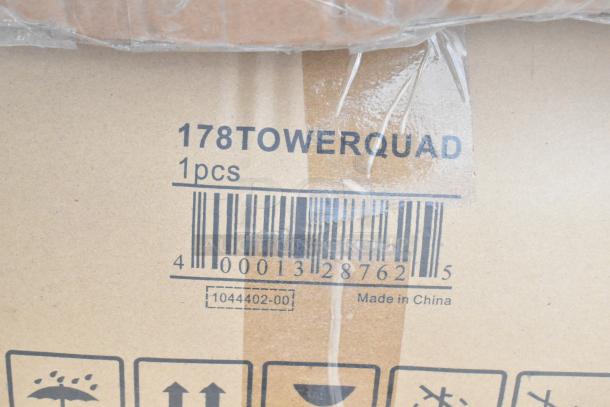 Package marked "178TOWERQUAD," 1 piece, barcode visible, labeled "Made in China." Contains new scratch and dent items.