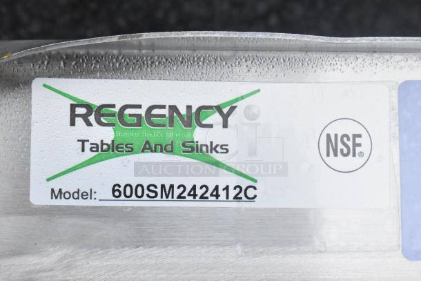 Regency 600SM242412C stainless steel mop sink label. Brand new with scratch and dent. NSF certified. 24"x24"x12" bowl.