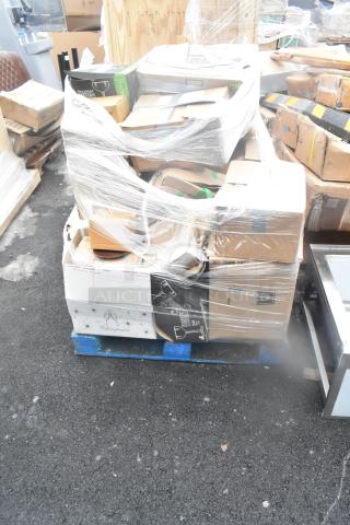 Plastic-wrapped pallet of 34 boxes, including glassware and dishes, labeled with "Champagne" and "Hot Drink Cups." Scratch and dent items.