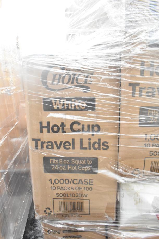 Box of 1,000 Choice hot cup travel lids, fits 8-24 oz cups. Packaged in plastic wrap. Model 500L1020W. Made in China.