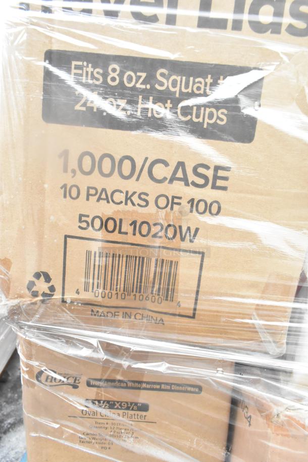 Boxes labeled for 8 oz cups and Ivory China Platters, showing model 500L1020W, 1,000 per case, Made in China.