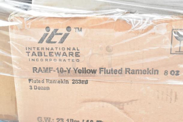 Cardboard box labeled “ITI International Tableware Incorporated, RAMF-10-Y Yellow Fluted Ramekin, 8 oz, 3 Dozen.”