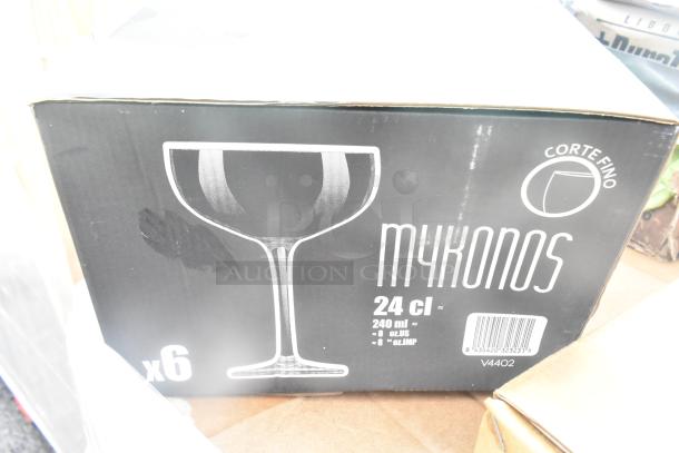 Box of 6 Mykonos glassware, 240ml capacity, marked "Corte Fino." New scratch and dent condition. V4402 barcode visible.