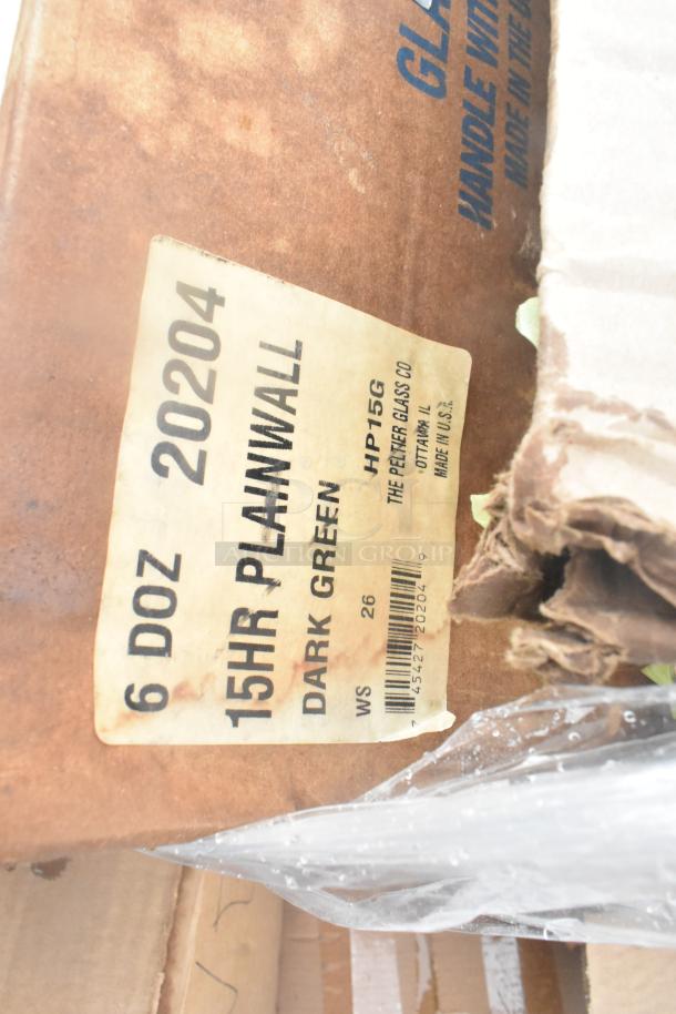 Box with label showing 6 dozen 15HR plainwall dark green items by Pyrex Glass Co. Items may have scratches or dents.