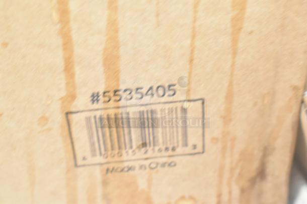 Cardboard box with barcode and "#5535405," labeled "Made in China." Contains new scratch and dent glassware and dishes.