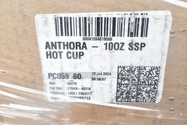 Label showing "Anthora 10oz SSP Hot Cup" with barcode and details like "PC059 60" and date "17 Jul 2024."