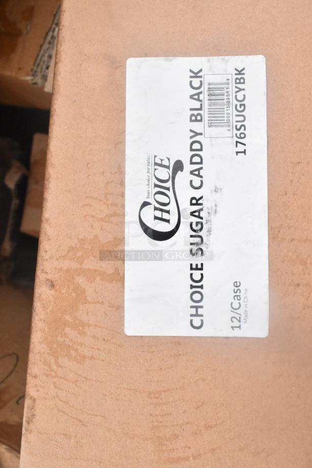 Cardboard box with label "Choice Sugar Caddy Black." Contains 12 per case, made in China. Some wear visible.