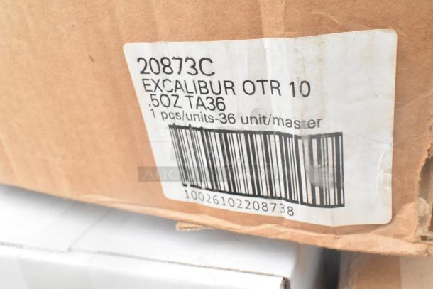 Cardboard box with label: "20873C Excalibur OTR 10 .5OZ TA36," indicating 36 master units. Box condition appears scratched.