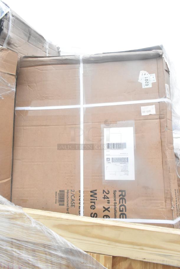 Cardboard box labeled "Regency 24x60 Wire Shelf," with visible wear, secured with white straps. Tags and barcodes affixed.