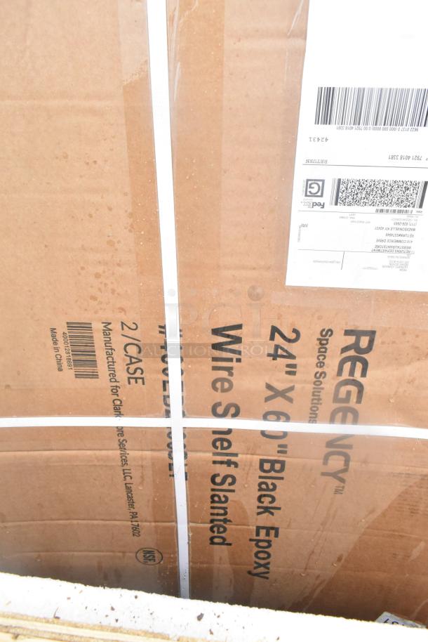 Brown cardboard box showing "Regency 24" x 60" Black Epoxy Wire Shelf Slanted." Box is strapped, label visible.