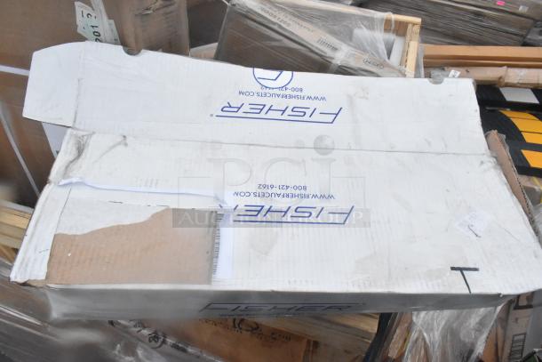 Box labeled "Fisher" showing wear and damage, contains new shelf and overshelf items. Marked "scratch and dent."