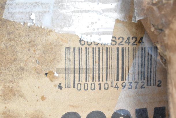 Close-up of barcode on a cardboard box marked "600N S2424" with tape residue. Item relates to six brand new scratch and dent items including shelves.
