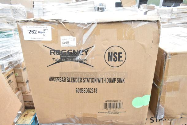 Cardboard boxes labeled "Regency Underbar Blender Station with Dump Sink" and "NSF," showing new condition.