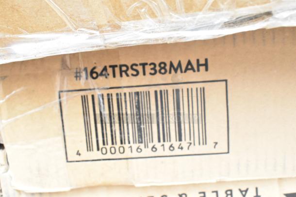 Cardboard box label with barcode and code #164TRST38MAH for auction items, including wire shelves and dump sink, brand new.